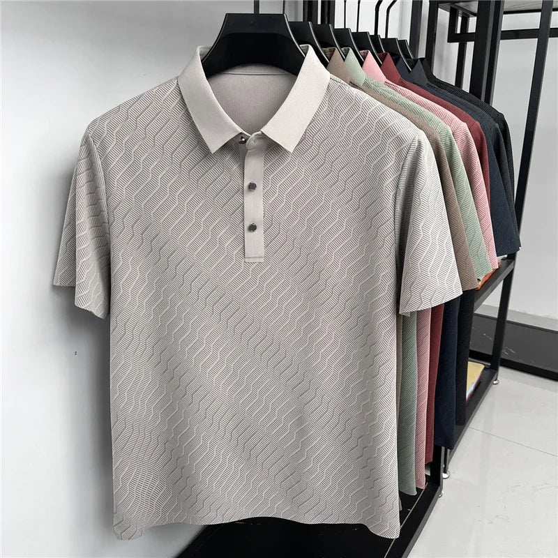 Men's Hollow-Mesh Polo - Wave Pattern, Slim Elastic Business Fit