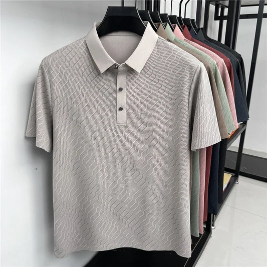 Men's Hollow-Mesh Polo - Wave Pattern, Slim Elastic Business Fit