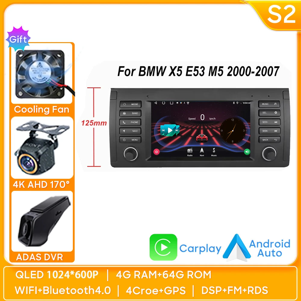 7" Android Car Stereo for BMW 5 Series E39 & X5 E53 (1996–2003) — Android Auto, GPS, 4G, WiFi, 2-DIN