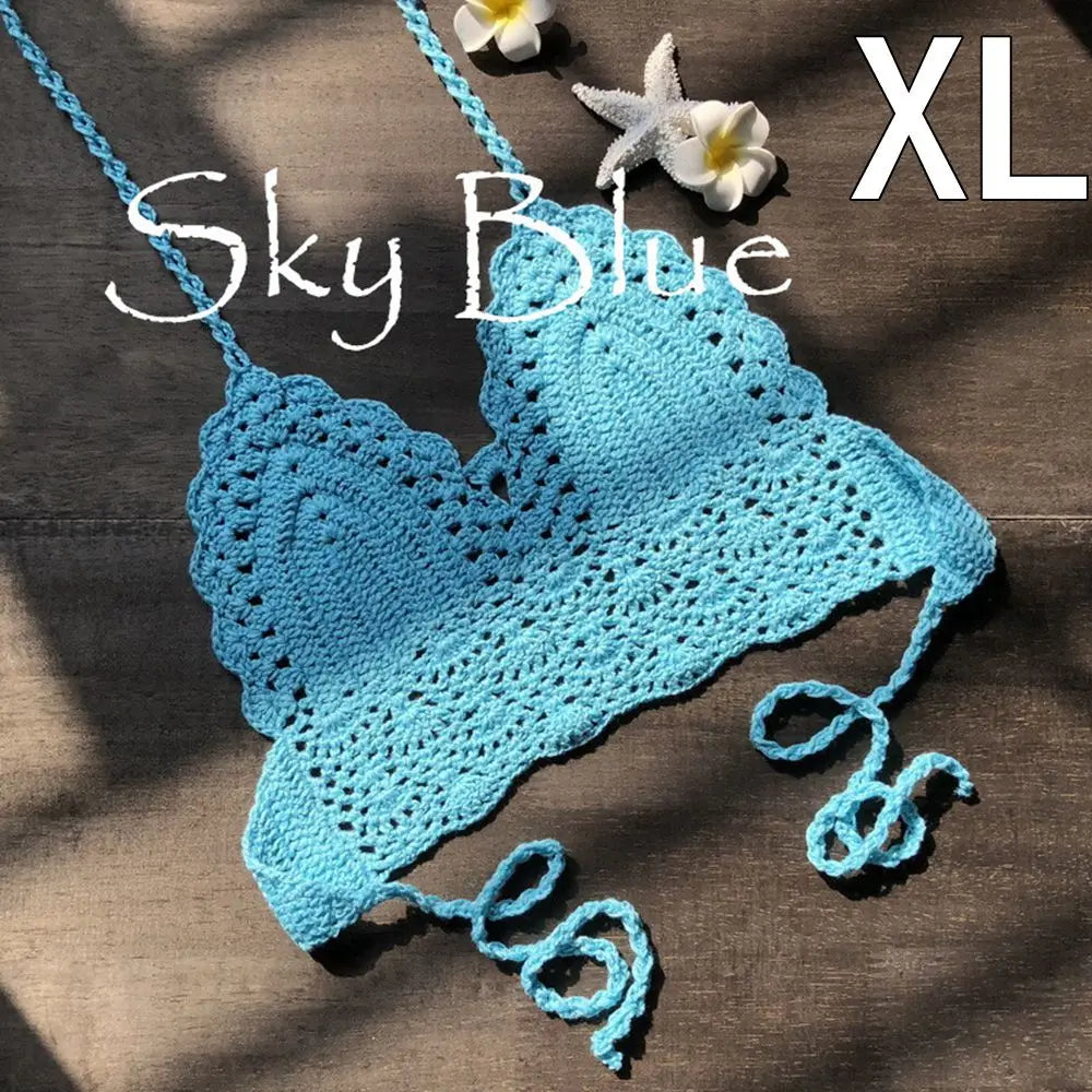 Sexy Beachwear Halter Neck Vest Crochet Crop Top Knit Bralette Bra Boho Beach Camisoles Bikini Tank Backless Tops