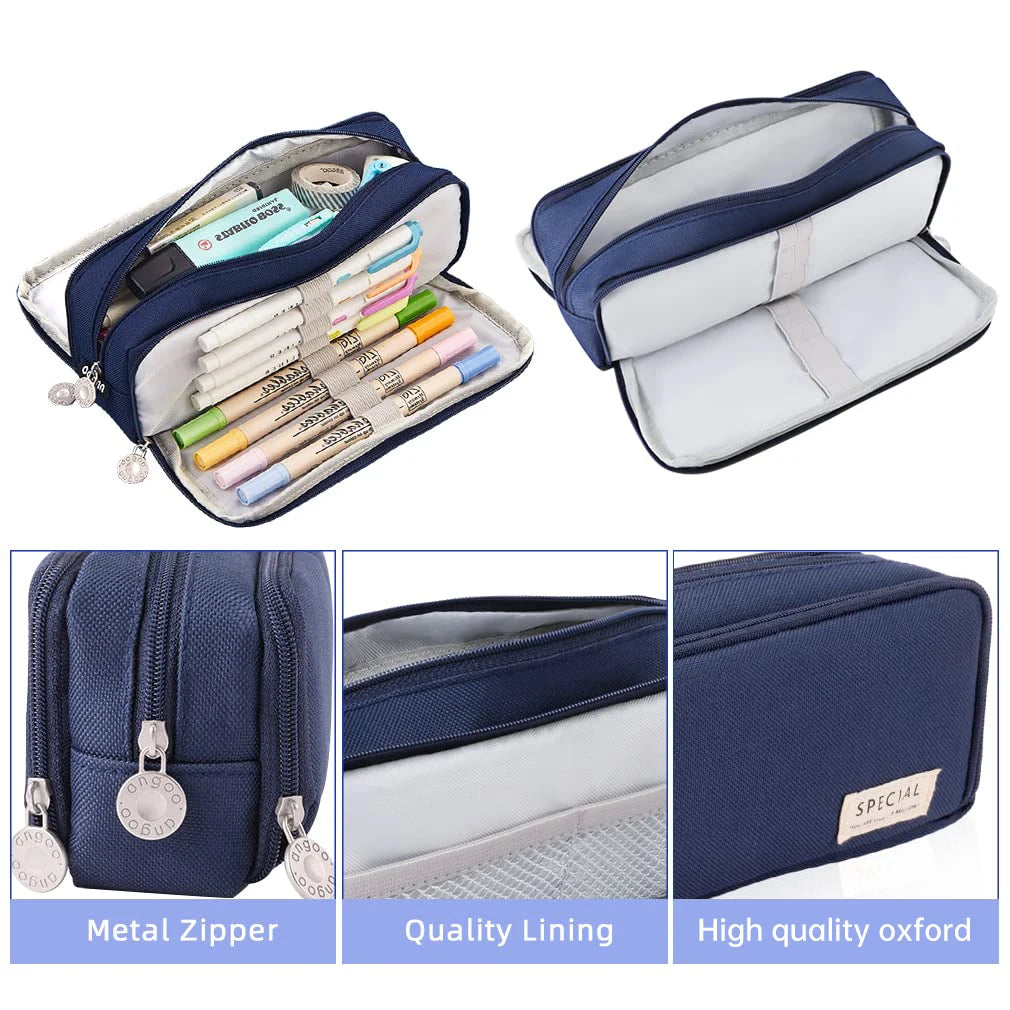 Pencil Case Large Space Storage 3 Compartment Pouch Double Side Opened Student Stationery Desk Organizer School Supplies
