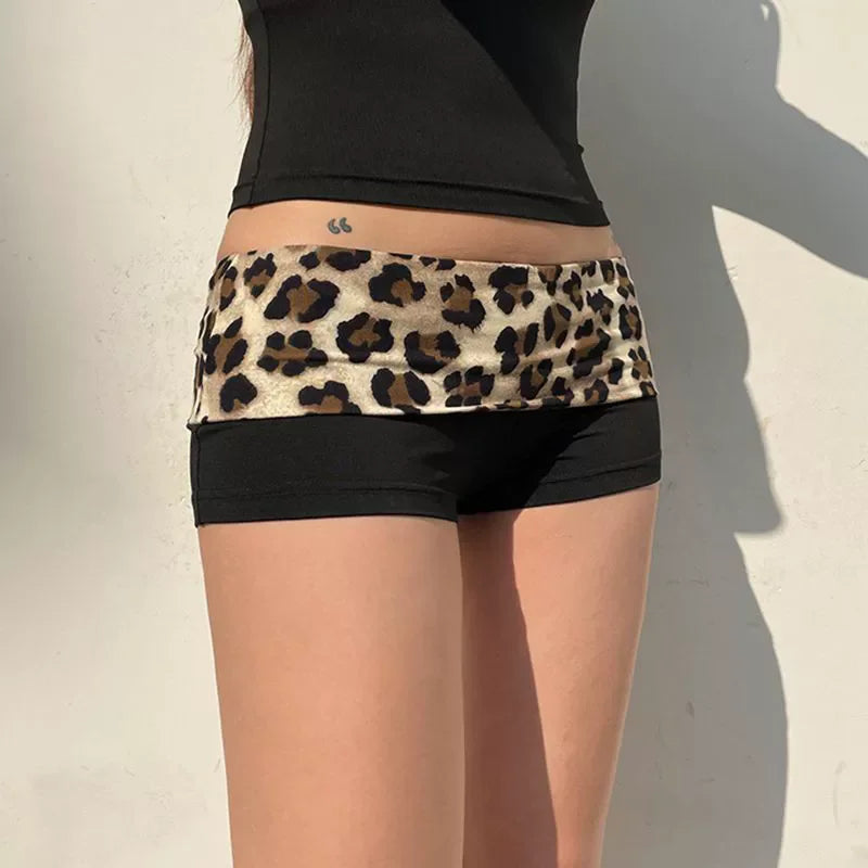 Women's Leopard Patchwork Booty Shorts — Low-Rise Slim Fit