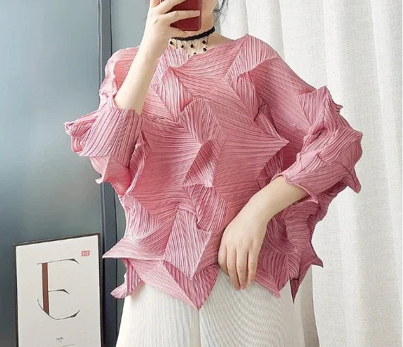 Miyake-Style Pleated T-Shirt - Women's Loose Round-Neck Summer Top