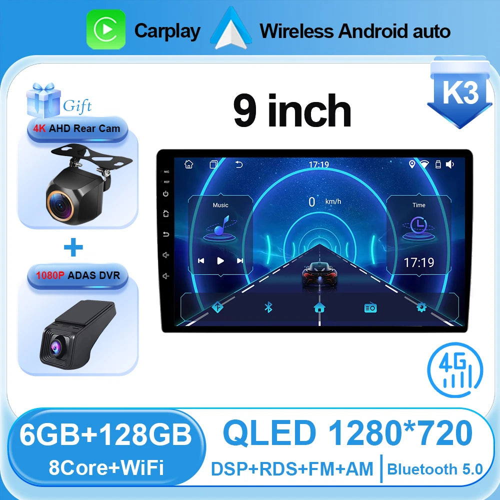 Universal 2-DIN Android Car Stereo (9"/10") — CarPlay, Android Auto, GPS, QLED Screen, Bluetooth