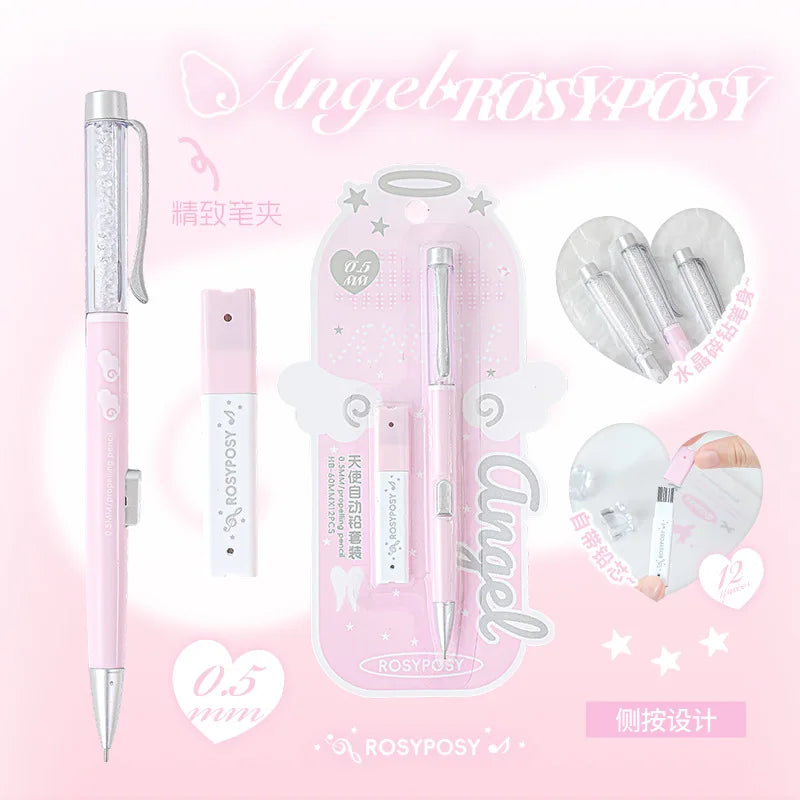 Angel Automatic Lead Set High Appearance Girl Heart Shiny Crystal Pen Holder 0.5HB Student Button Pencil and Lead Core
