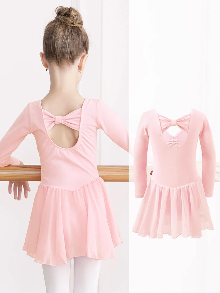 Girl Ballet Leotard with Chiffon Tulle Skirt Kids Bowknot Lyrical Dance Dress Short/Long Sleeve Bodysuit Back Bow Tie Dance Wear
