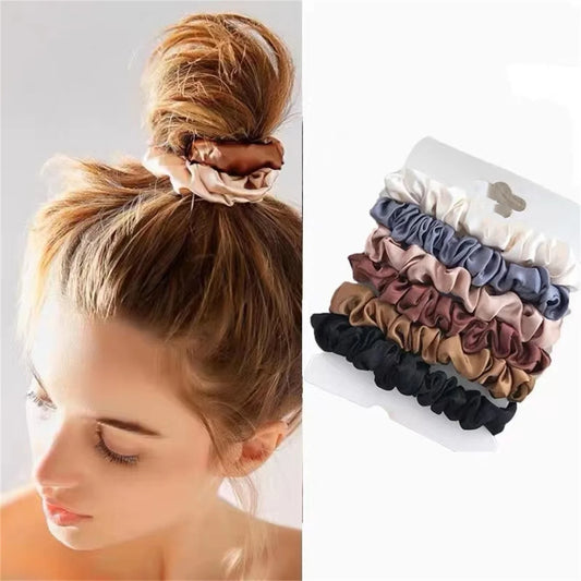 Elastic Satin Scrunchie Hair Bands - 6pcs for Girls & Women