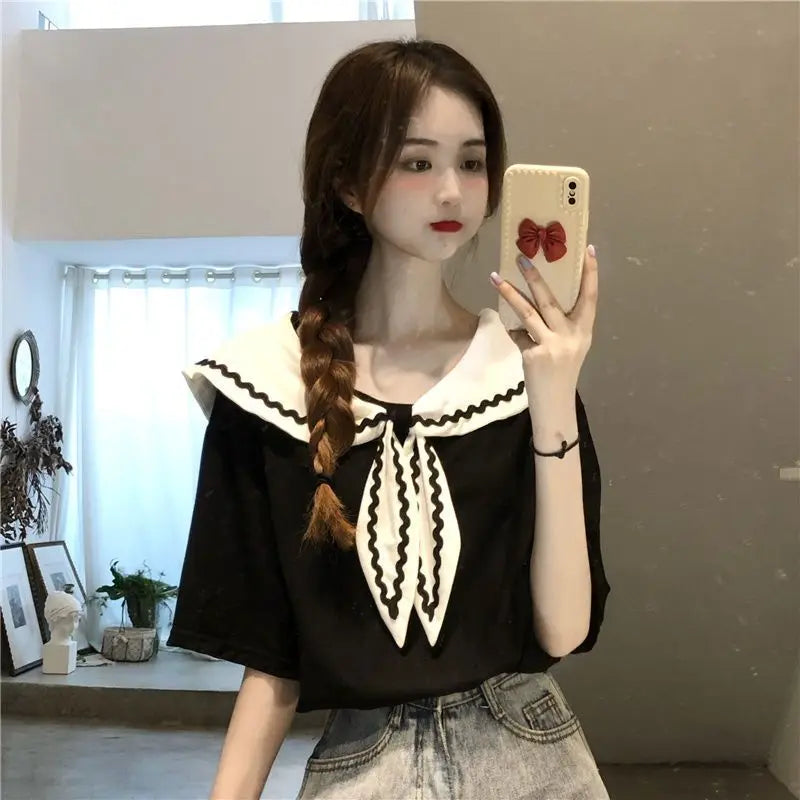 Sailor Collar T-shirts Women Baggy Kawaii Clothes Panelled Temper Designer Aesthetics Japanese Stylish Summer Vintage Футболка