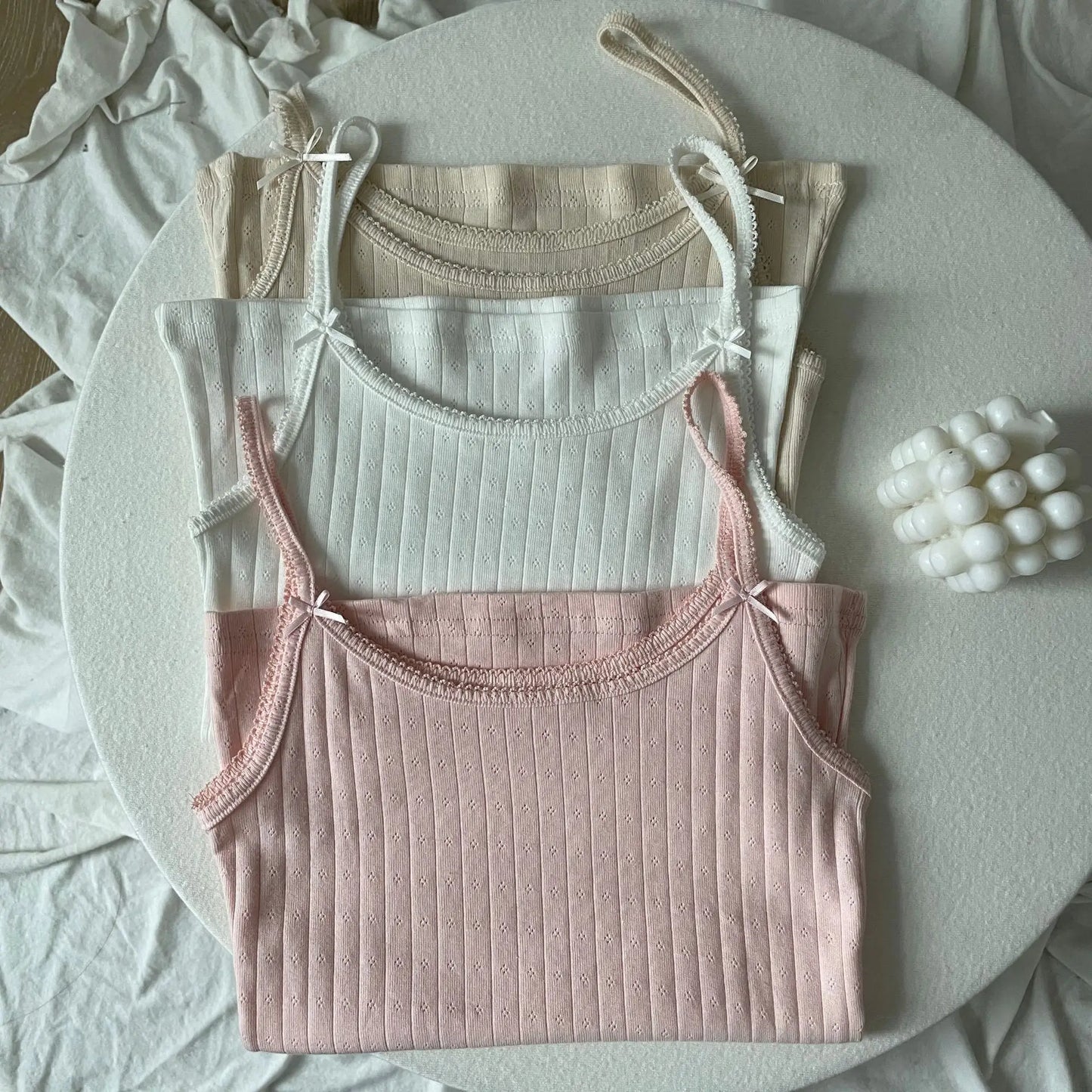 Bows Eyelet Sweet Slim Tank Top Women Lace Trim Cotton Sleeveless Summer Camis Vests Sweet Preppy Style Solid Crop Top Y2k