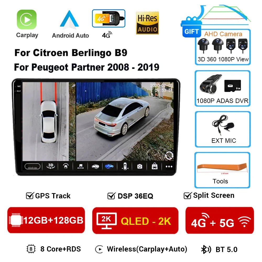 Android 16 Car Radio 4G+WIFI Carplay For Citroen Berlingo For Peugeot Partner 2008 - 2019 Navigation GPS Car Multimedia Player