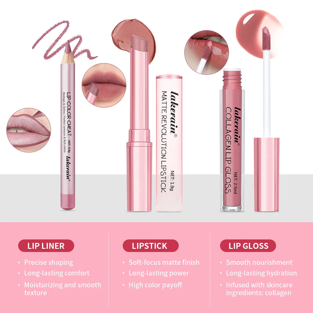 Lip Combo Matte Lipstick + Lip Liner Pen Lip Gloss Set Hydrating Matte Waterproof Long Lasting Lip lipstick set Lip Makeup Set