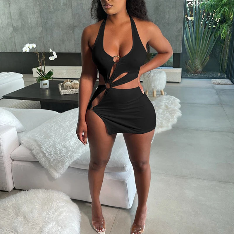 Summer Dresses Woman 2026 High Street Stretch Slim Hollow Sexy Mini Bodycon Dress Elegant Orange Sleeveless Club Party Sundress