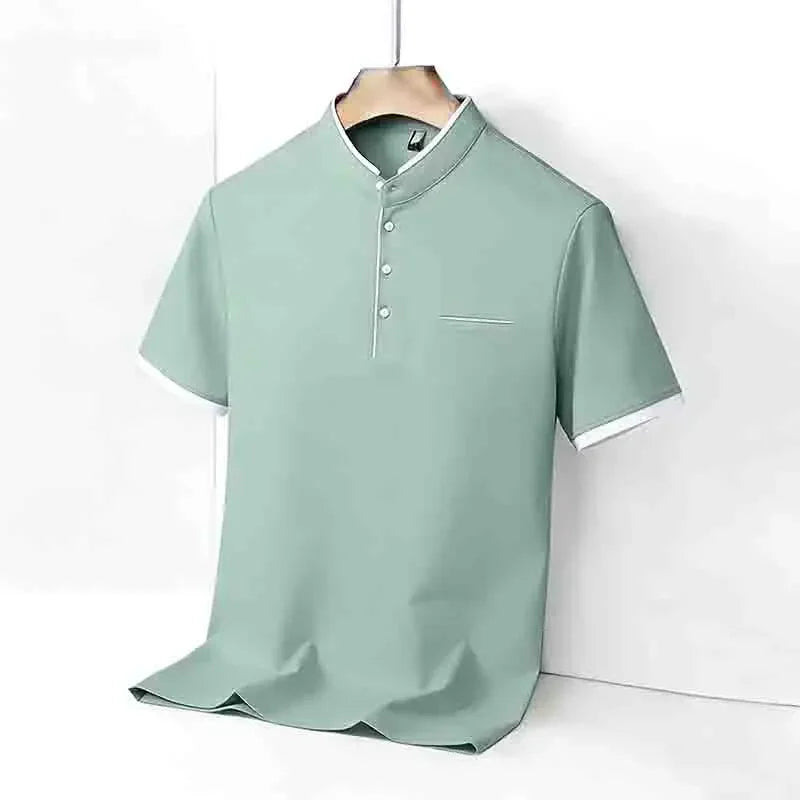 Men's Mandarin Collar Polo - Short Sleeve Pocket, All-Season Pullover