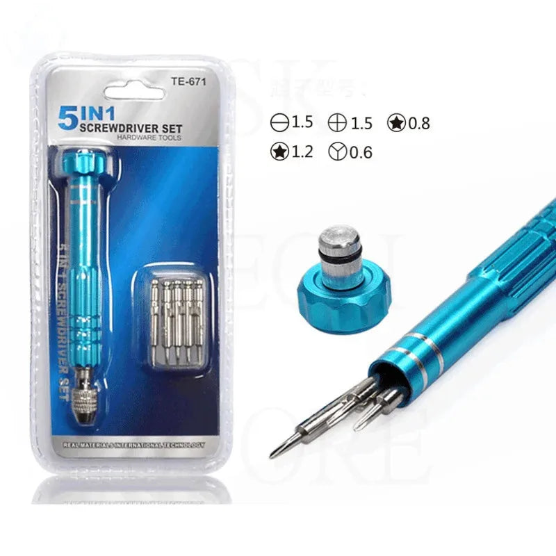 5 in 1 Mini Precision Screwdriver Set with Magnetizer TE-671 Aluminum Alloy Handle Interchangeable Bits for iPhone Camera Watch