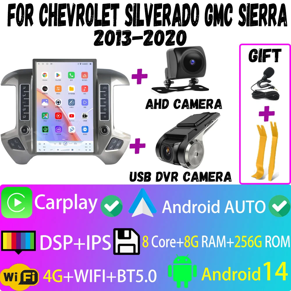 Car Radio For Chevrolet Silverado GMC Sierra 2013-2020 CarPlay Android Auto Automotive Multimedia Tesla Style Bluetooth 4G GPS