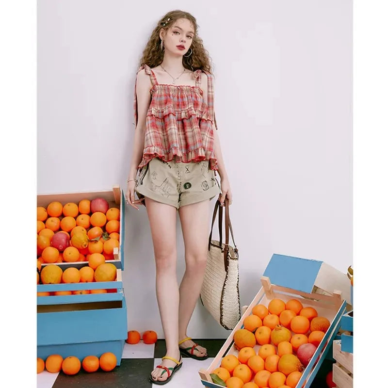 Women's Y2K Vintage Plaid Lace-Up Strap Sleeveless Crop Tank Top – Acubi Japan Green Streetwear