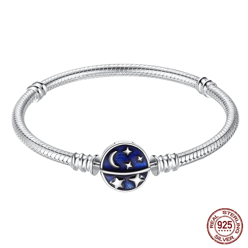 925 Sterling Silver Charm Bracelet – Star Moon Sun Four Leaf Clover Zircon | DIY Birthday Gift for Women (17-20cm)