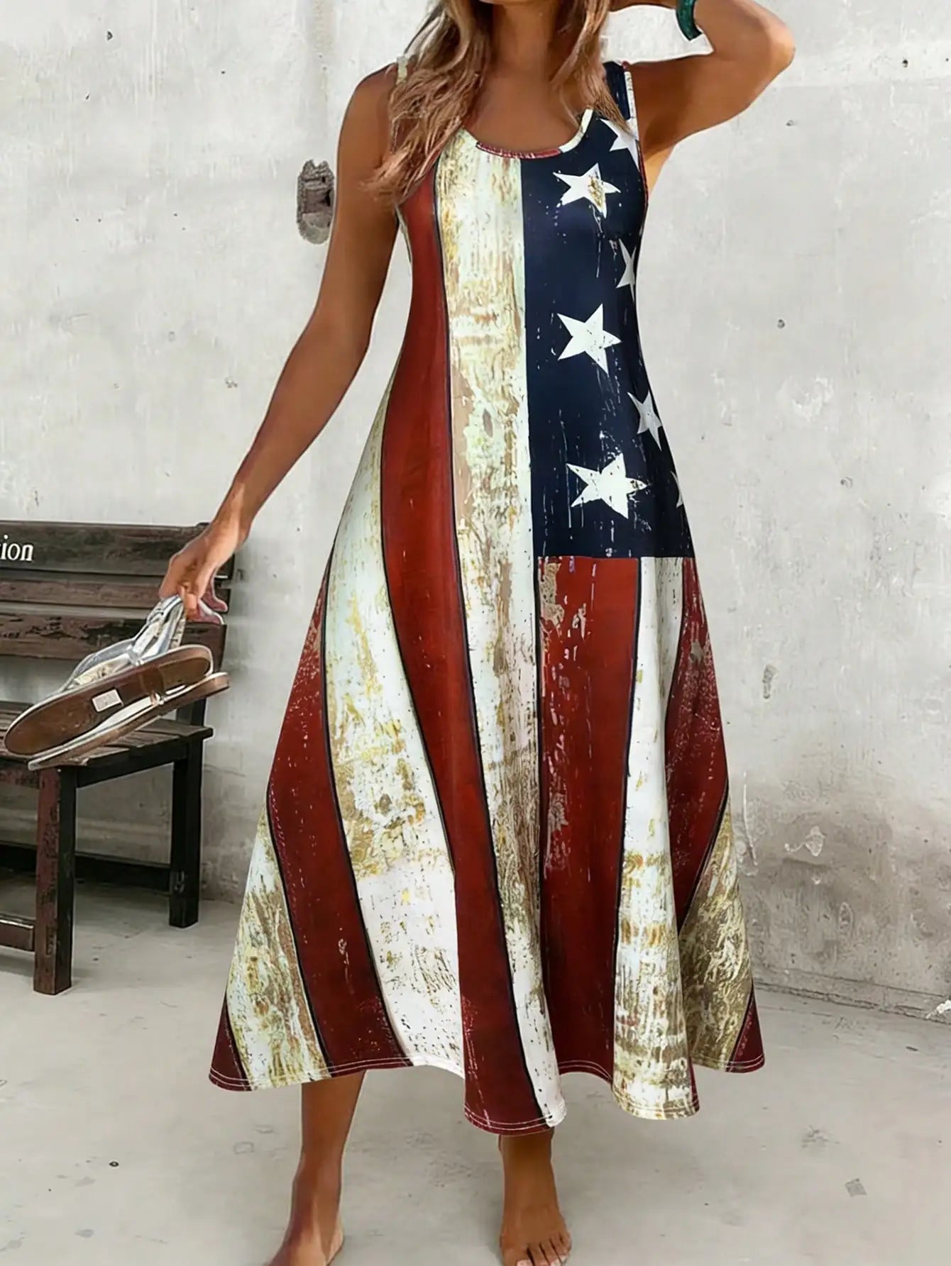 Women's American Flag Print Tank Dress – Round-Neck Summer Sundress
