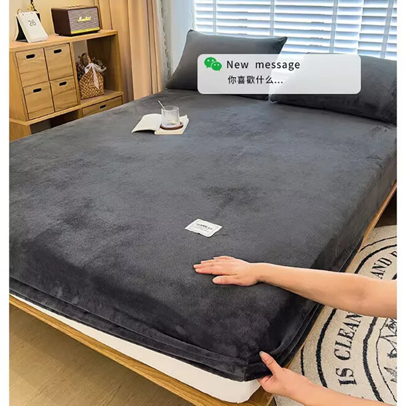Soft warm plush fitted sheet elastic mattress cover fluffy coral fleece bed linen winter couple luxury double bed bedding﻿﻿