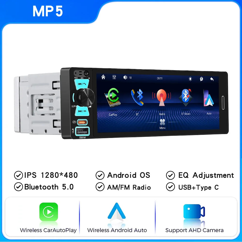 6.86" 1-DIN Car Stereo with Wireless CarPlay & Android Auto — Touchscreen MP5, Bluetooth, FM/AM, USB-C