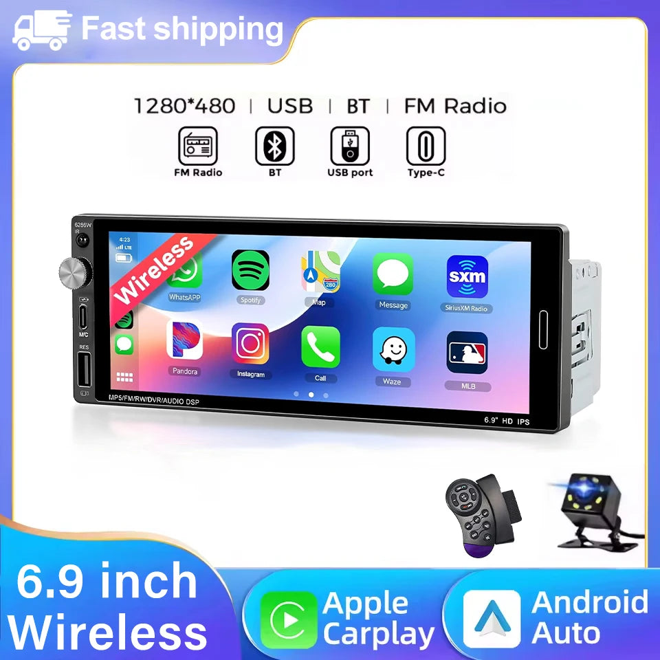 6.9" 1-DIN Car Stereo — Wireless & Wired CarPlay, Android Auto, USB-C Fast Charging, FM Radio