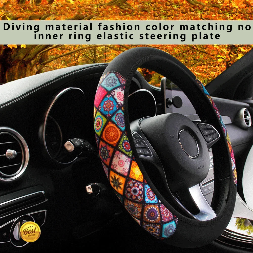 38cm Elastic Car Steering Wheel Cover Ethnic Style Print Anti-slip Car Styling Car Steering-wheel Cover Interior Accessories