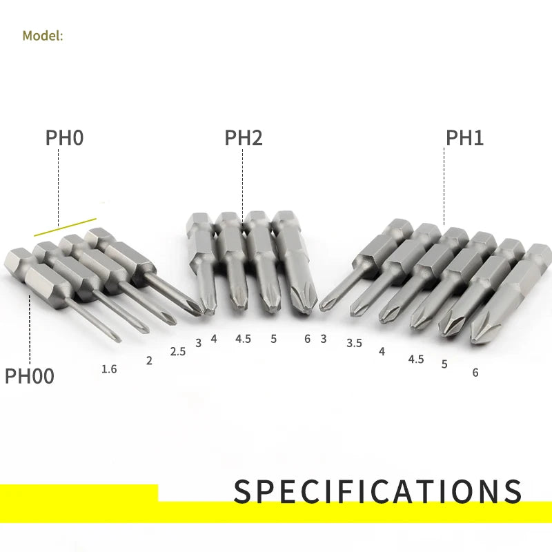 Cross Screwdriver Bit Set — 50mm Alloy Steel 1/4" Hex PH0/PH1/PH2 Bits
