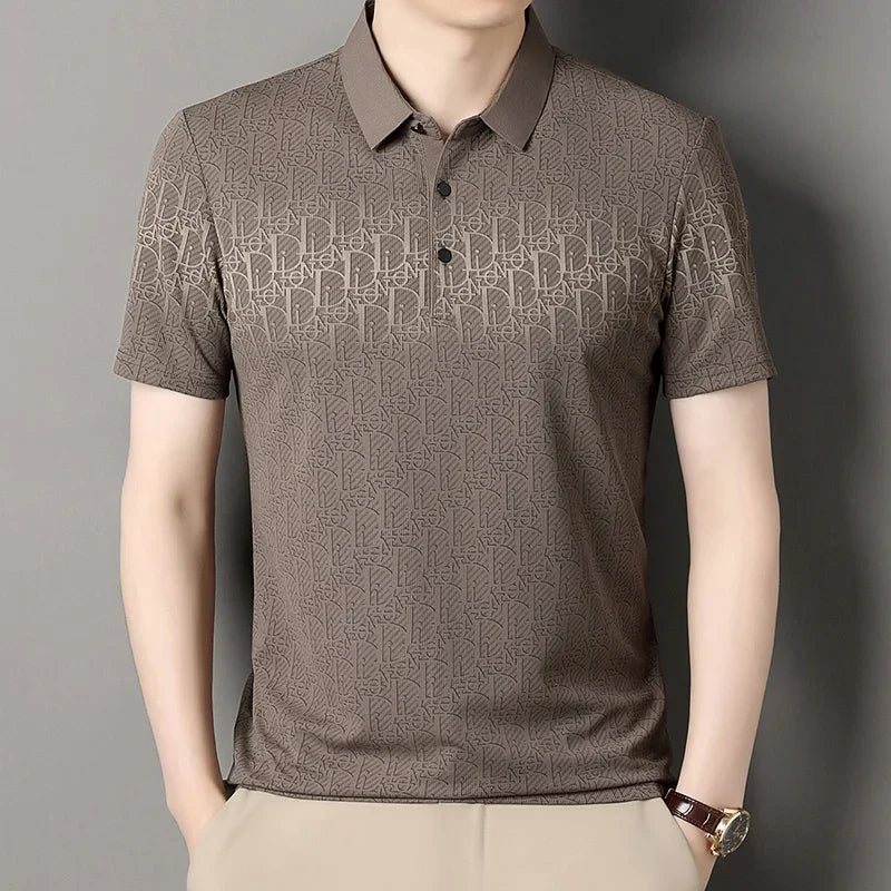 Men's Embossed Letter Polo - Lightweight Breathable Mesh, Lapel