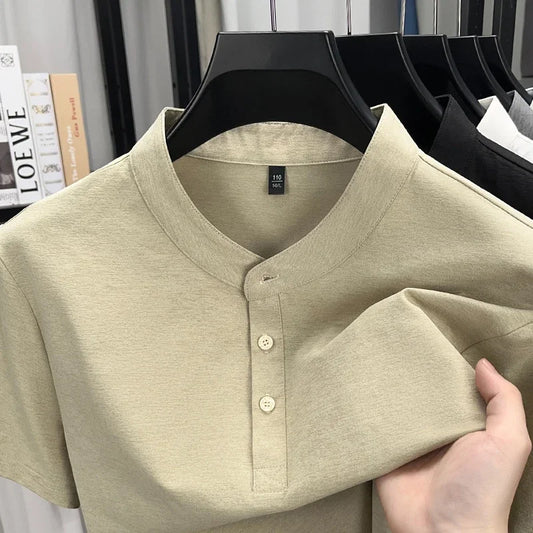 Men's Mandarin Collar Henley - Short Sleeve, Breathable Slim Fit