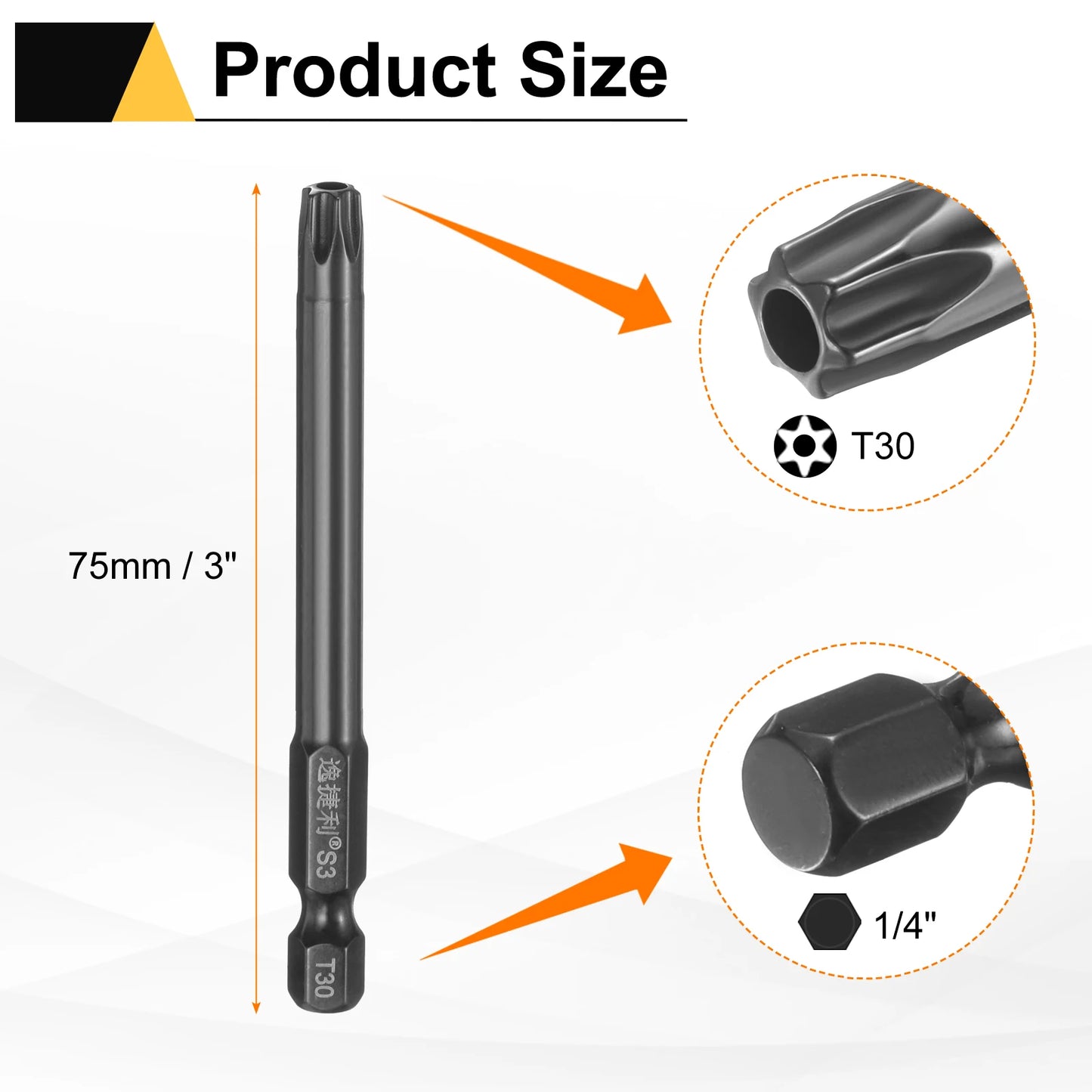 3pcs T6 T7 T8 T9 T10 T15 T20 T25 T27 T30 T40 Torx Screwdriver Bit 1/4" Hex Shank 75mm/100mm Magnetic Tamper Proof Star Hex Bits