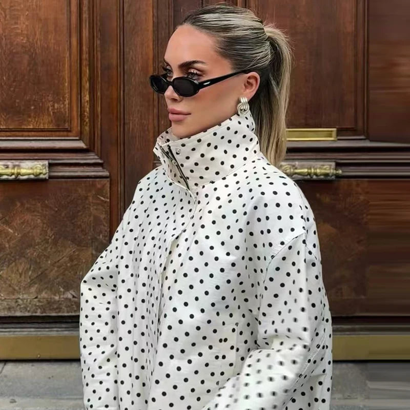 Women's Polka Dot Bomber Jacket, Oversized Zip-Up