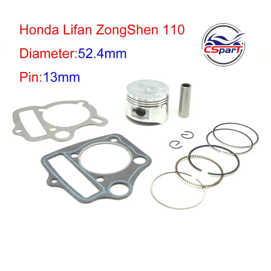 110cc 52.4MM 13MM Piston Rings Gasket Kit  ATV Dirt Pit Bikes Kazuma SunL Taotao Lifan ZongShen Loncin