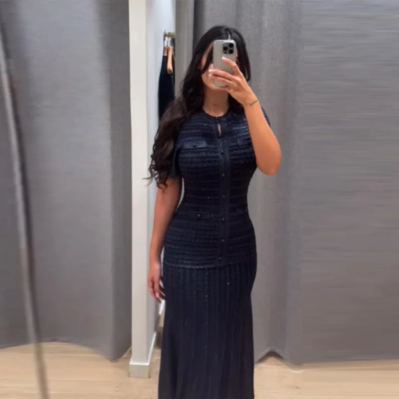 Cinched Waist Sequin Maxi Dress for Women Round Neck Short Sleeve Knitted Dresses 2026 NEW Hollow Out Single Breasted Midi Robes