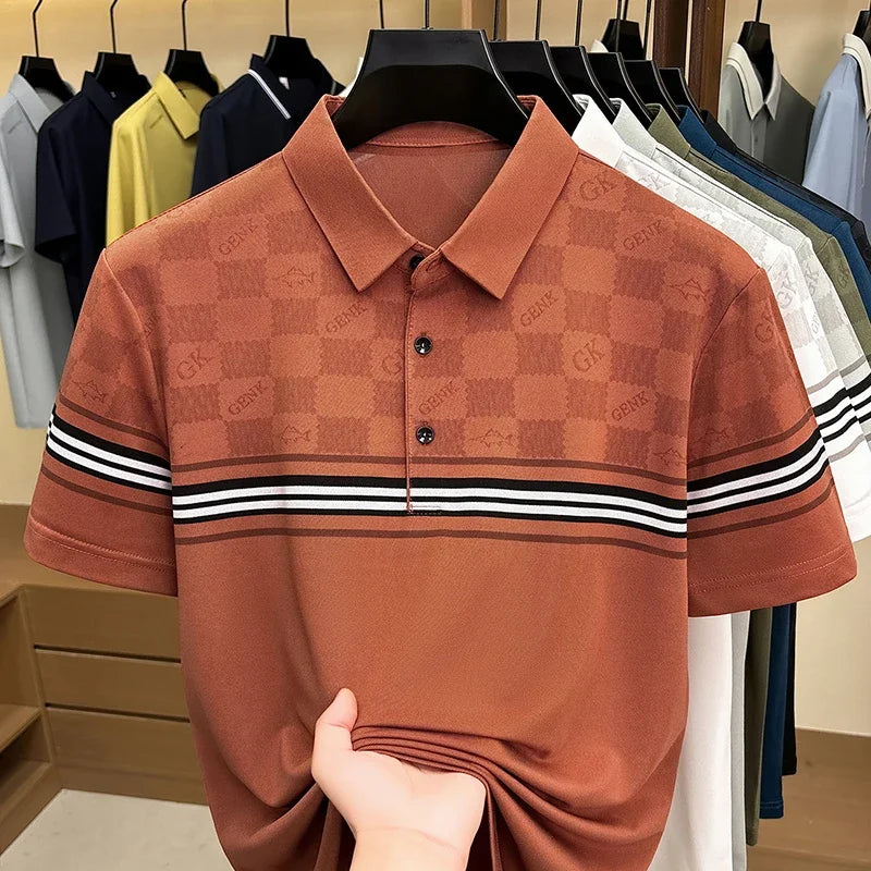 Men's Lattice-Print Lapel Polo - Soft Stretch, Sweat-Proof Summer