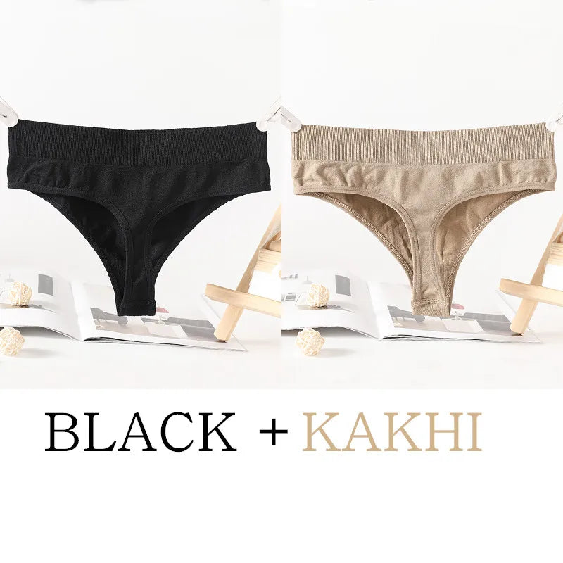 2PCS/Set G-String Seamless Panties Women Thongs Sexy Lingerie Solid Color Female High Waist Thongs Women's Underwear