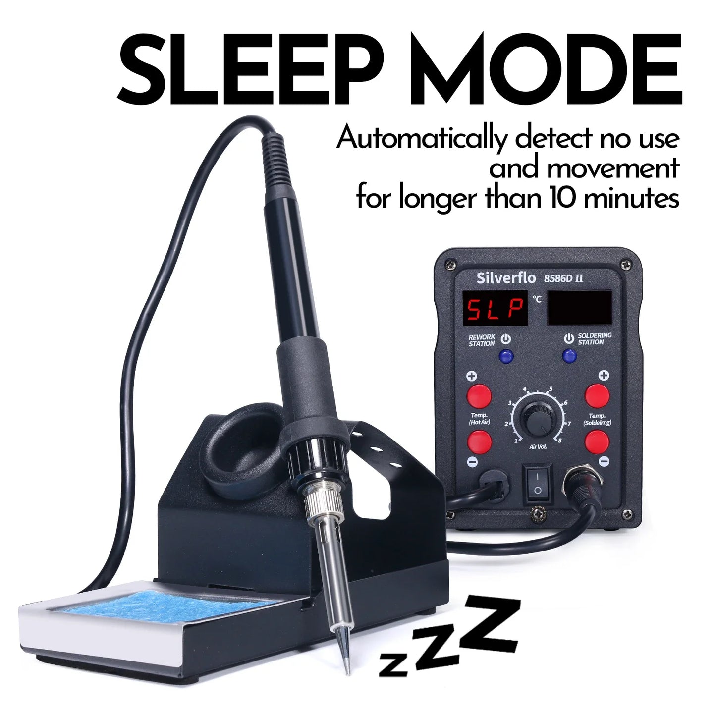 Silverflo 8586D-II Soldering Station 2 IN 1 Soldering Iron Hot Air Station Welding Rework Station with10-Minute Sleep Mode