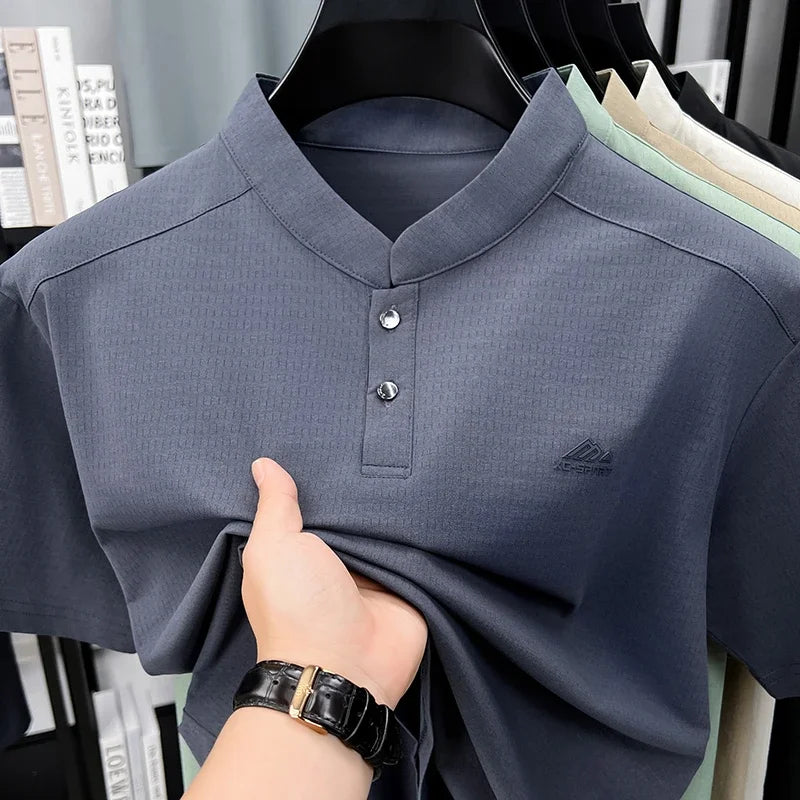 Men's Sport Mandarin Collar Polo - Breathable Mesh, Button Placket