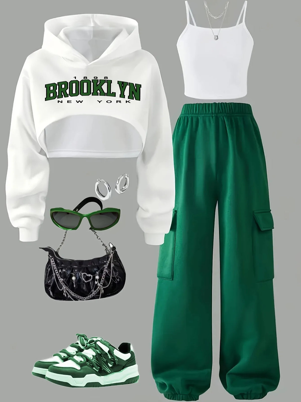 Kids Girls 3-Piece "BROOKLYN" Print Cropped Hoodie, Tank Top & Green Cargo Sweatpants Set Casual Streetwear Daily Loungewear Ou