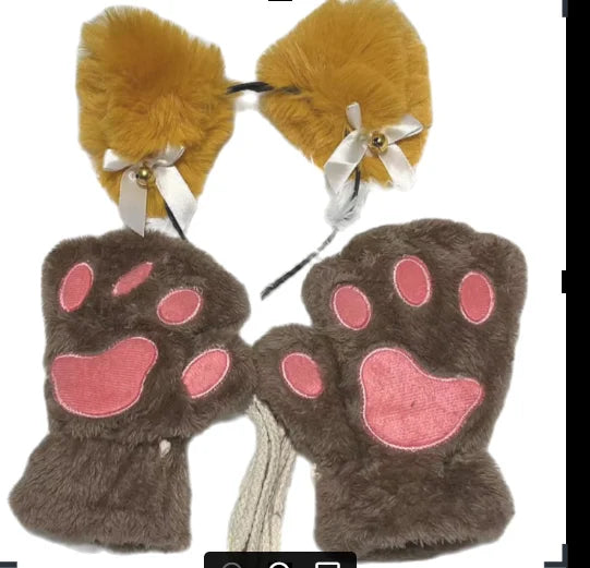 Cat Paw Gloves and Cat Ear Headband Set