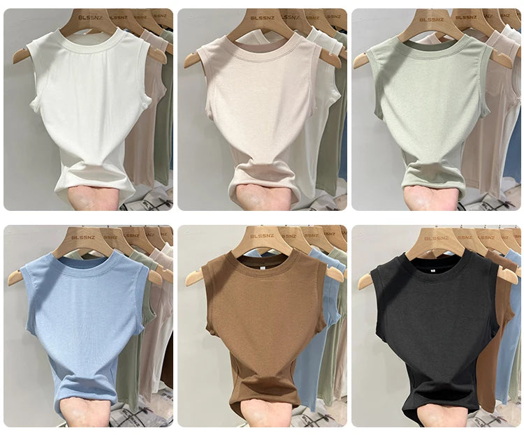 zjaiss 2026 Cotton Tops Neck Summer Basic Shirts White Black Casual Sport Vest Off Shoulder Green Women's Tank Top
