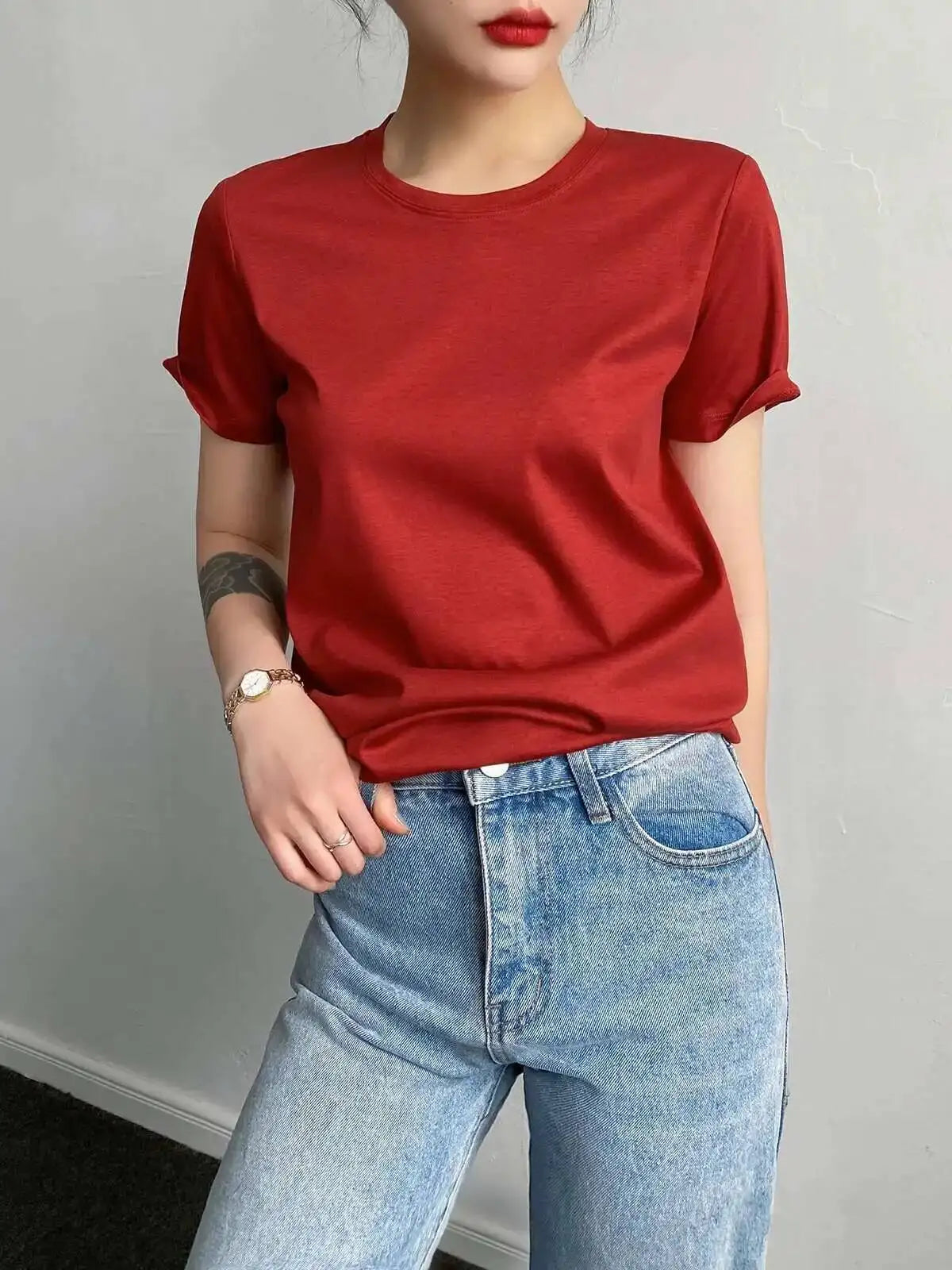 Women's Luxury Mulberry Silk Cotton T-Shirt – Loose Round Neck Short Sleeve Solid Basic Top