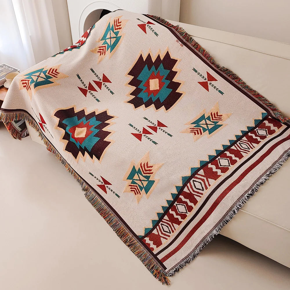 Aztec Boho Throw Blanket with Fringe