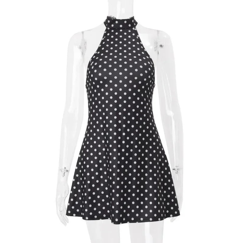 Chic Backless Polka Dot Halter Dress Women's Sleeveless Off Shoulder Lace Up Mini Vestidos 2026 Summer Lady Holiday Party Robe