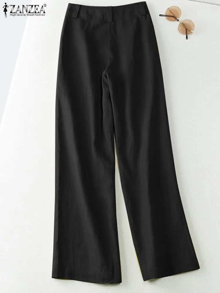 ZANZEA 2026 Spring Summer Cotton Linen Pants Women Long Trousers Wide Leg Plain Holiday Casual Pants Streetwear Fashion Bottoms