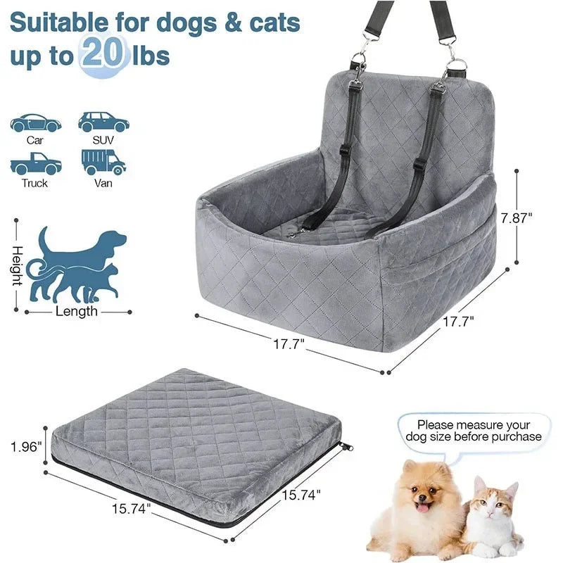 Pet Car Seat Kennel – Removable Washable Anti-Slip Dog & Cat Travel Nest | Front & Rear Row Safety Seat (Black, Gray)