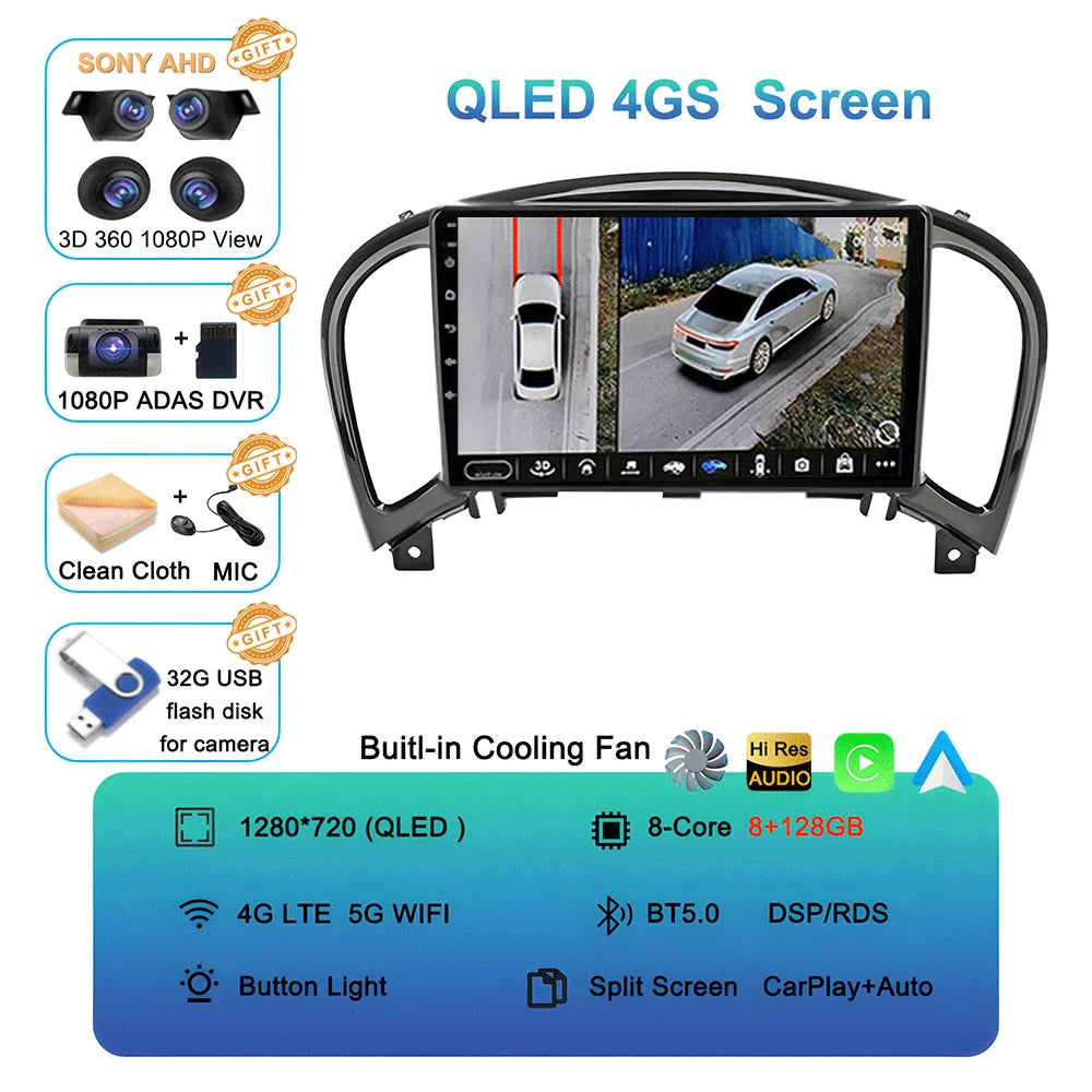 Android 16 Video Player Carplay Auto For Nissan Juke YF15 2010 - 2014 Multimedia Car Radio WIFi+4G DSP 2 DIN Touch Screen
