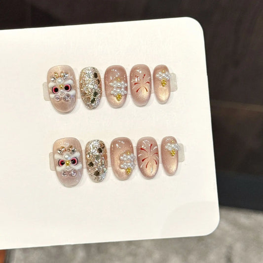 10 Piece Chinese Festive Press-On Nails - Champagne Oval with Lion Design