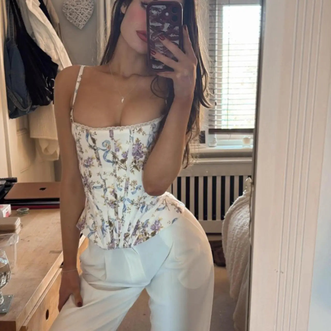 Suninbox Summer women's clothing y2k tops Floral Print Corset Top cute Spaghetti Strap lace up top for party outfit