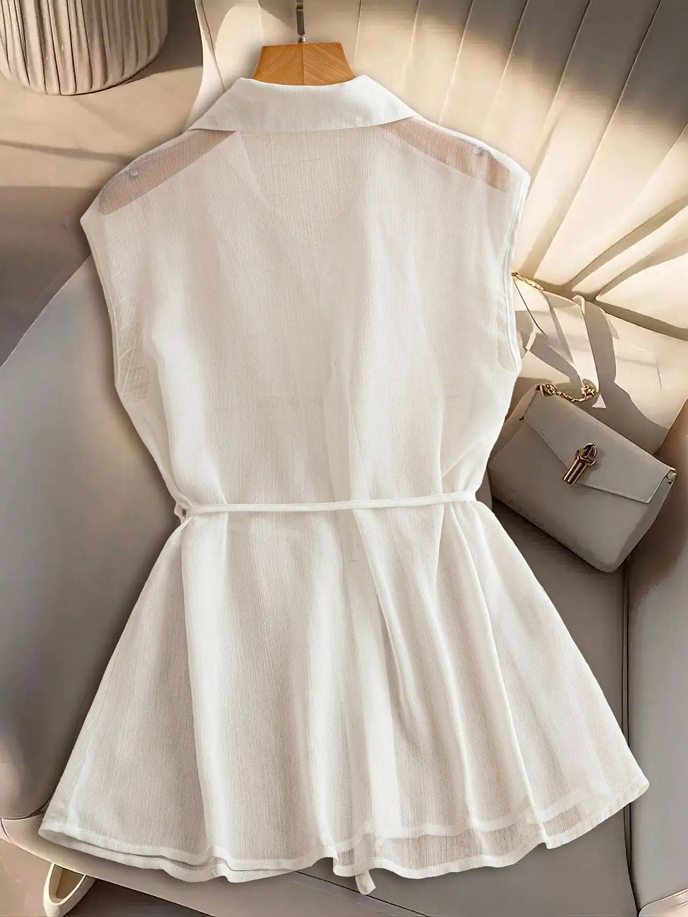Women's White Sheer Sleeveless Blouse 2026 Turn Down Collar Button Down Belted Waist Peplum Top Casual Office Summer Shirt