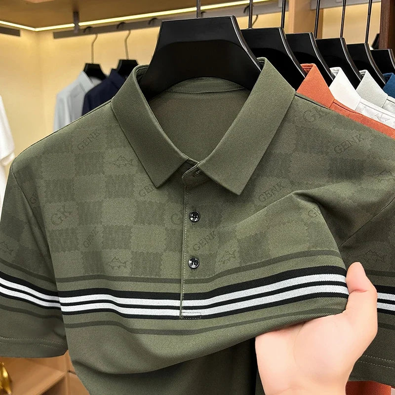 Men's Grid Jacquard Polo - Stripe Sleeve, Wrinkle-Free Office Wear